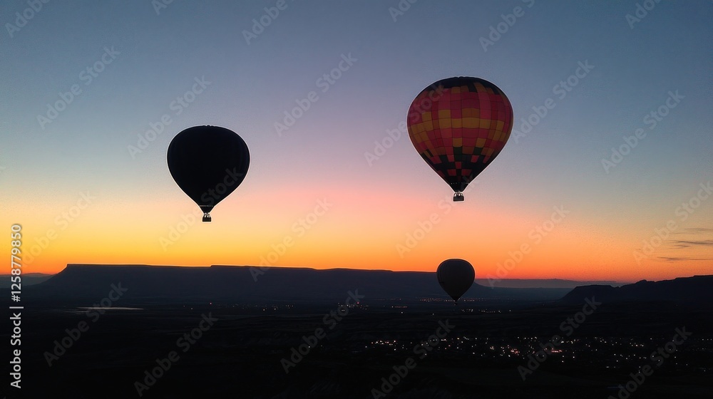 Naklejka premium Hot Air Balloons Soar Over Sunset Landscape