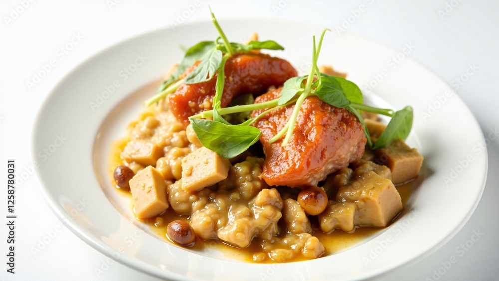 Gourmet Barley Risotto with Roasted Tomatoes and Tofu, Garnish with Microgreens Gourmet Barley Risotto with Roasted Tomatoes and Tofu, Garnish with Microgreens