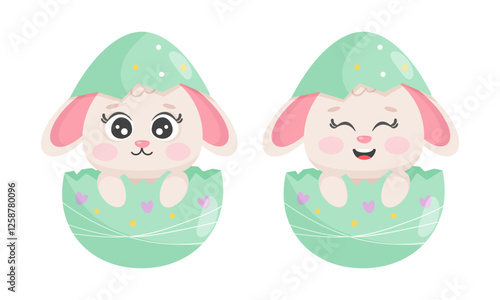 Cute easter bunny hatching from decorated egg. Open-eyed and closed-eyed rabbit. Spring holiday illustration