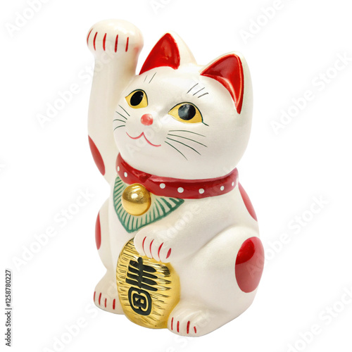 Wallpaper Mural A ceramic maneki-neko statue, or "beckoning cat," with its left paw raised and holding a coin. Red details accent the white figurine, isolated on a transparent background. Torontodigital.ca