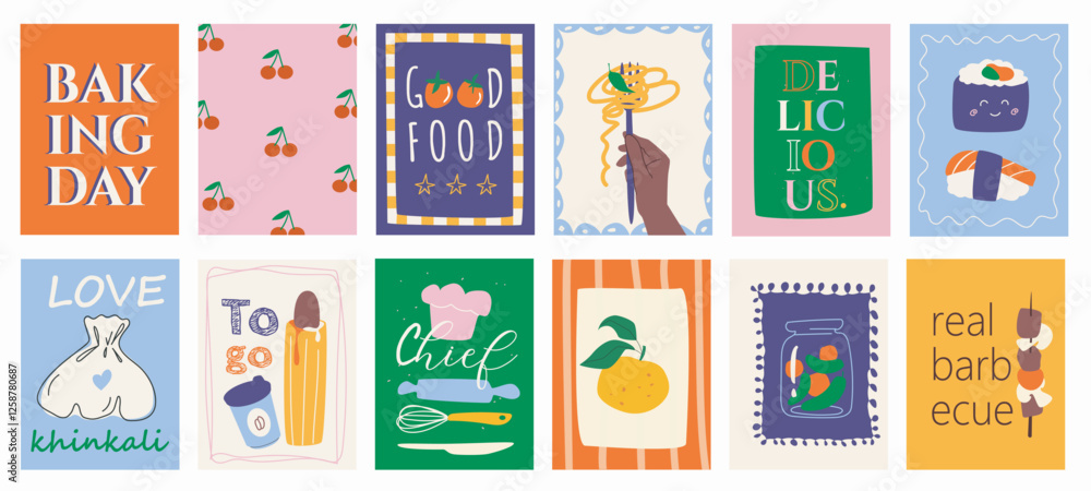 Obraz premium Cooking food cover typography template for posters, prints. Minimalistic banners set with baking, cherry, pasta at fork, delicious, sushi, chief, orange, vegetables, barbecue. Vector illustration.