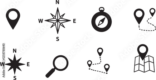 Simple Location and Direction Icons Set Map Markers, Compass Points North, South, East, West, Navigation Symbols on White Background