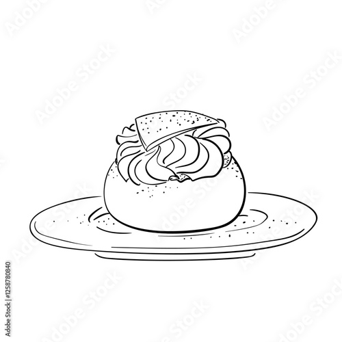 Swedish semla, hand drawn sketch of sweet pastry on plate, whipped cream filled bun, vector illustration doodle on white background