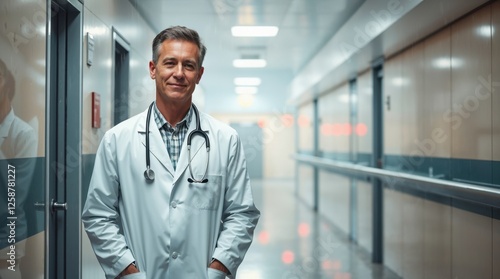 portrait of a male doctor in a hospital corridor