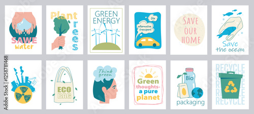 Ecology cover typography template for posters, prints. Minimalistic banners set with save water, plant trees, alternative transport, industry, eco bag, think green, bio, other. Vector illustration.