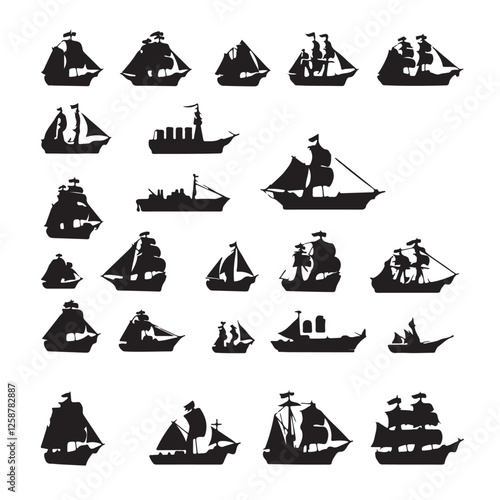 Set of ships isolated on white background Black and white vector illustration