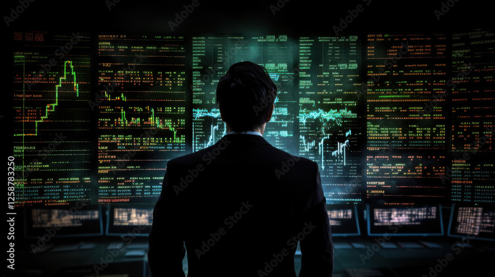 Business executive observing stock market data on multiple large monitors, making financial decisions
Business executive observing stock market data on multiple large monitors, making financial decisions
