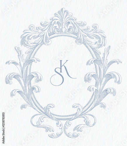 Vintage elegant wedding crest design. Arabesque with scrolls in Baroque style monogram. SK initial wedding monogram crest.