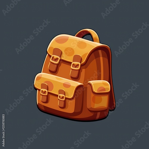 An vibrant image of a brown backpack with a patterned design. The background is a dark gray color, adding depth and contrast. photo