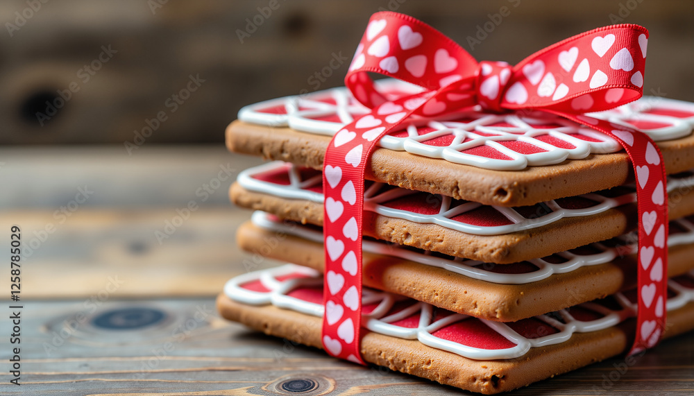 Decorative gingerbread cookies tied with a red ribbon on rustic wooden background with copy space