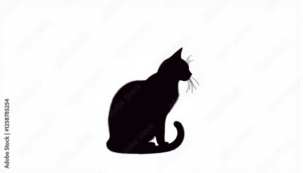 Sitting cat silhouette profile on a white background with copy space