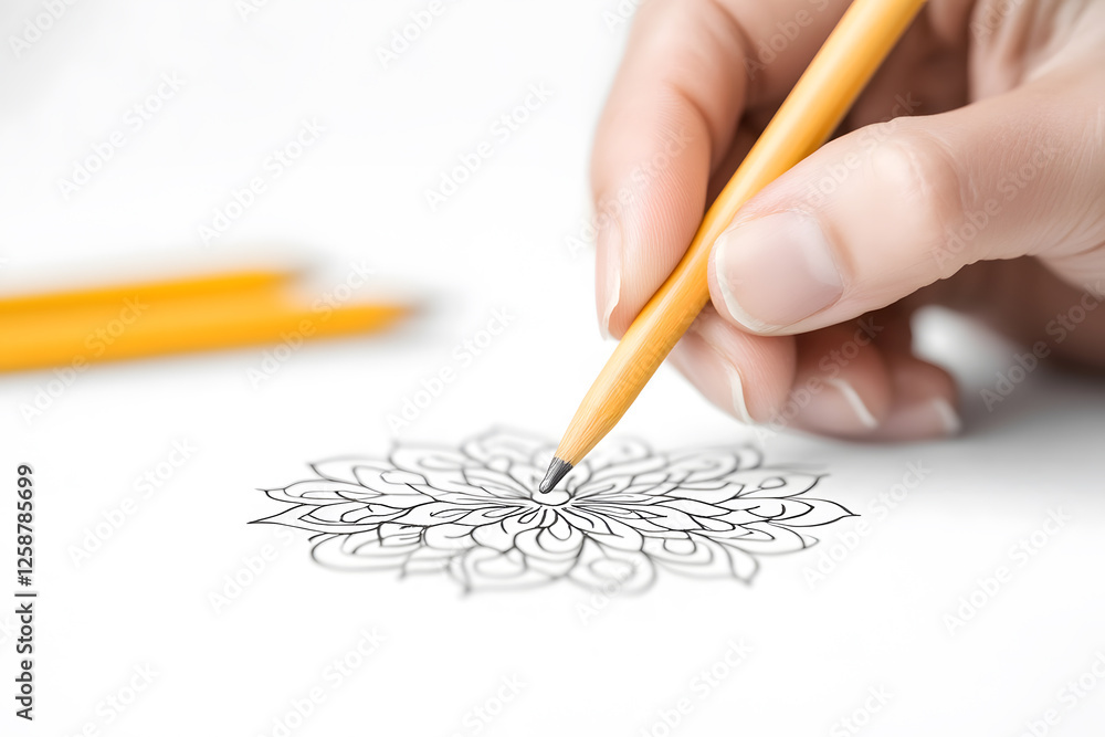 Hand drawing intricate flower design with a yellow pencil on white paper. Focus on the artistic process and creative expression. Hand drawing intricate flower design with a yellow pencil on white paper. Focus on the artistic process and creative expression.