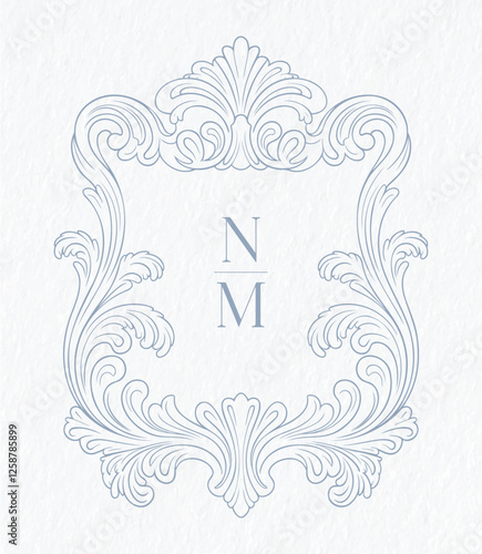 Vintage elegant wedding crest design. Arabesque with scrolls in Baroque style monogram. NM initial wedding monogram crest.