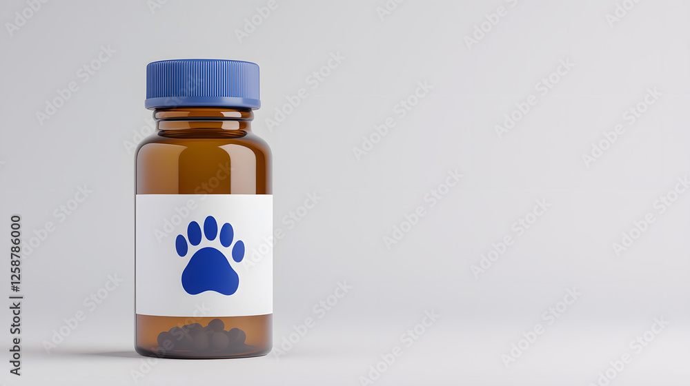 Obraz premium Pet Supplement Bottle: Amber bottle with blue cap and paw print label, suggesting medication or vitamins for animals. Health and wellness theme.