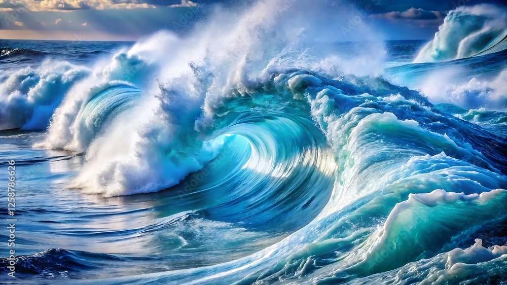 Captivating ocean water scene with turbulent waves, churning foam, and dynamic water textures in vibrant blue shades, evoking sea power and natural beauty Captivating ocean water scene with turbulent waves, churning foam, and dynamic water textures in vibrant blue shades, evoking sea power and natural beauty