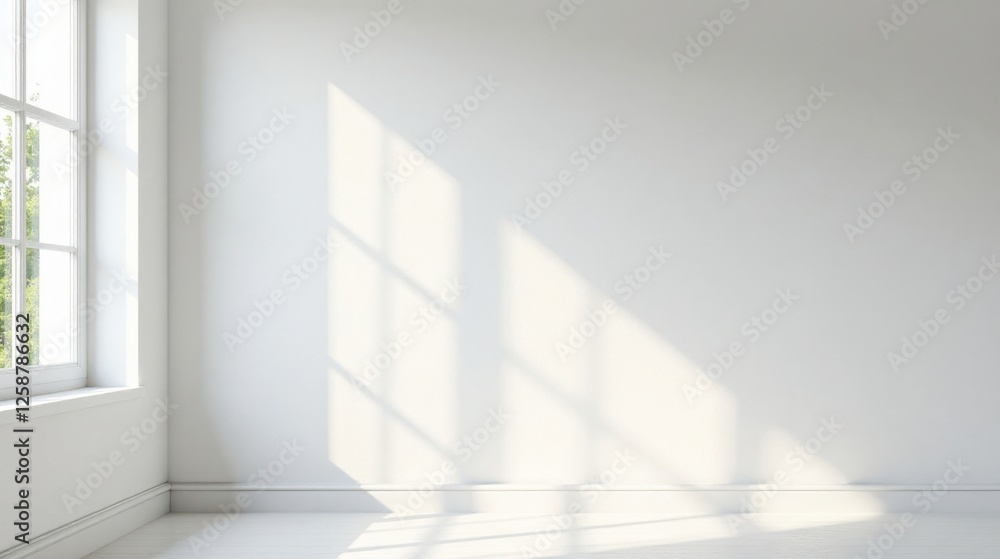 Sunlight Illuminates an Empty Room with White Walls and a Window Featuring Greenery Outside