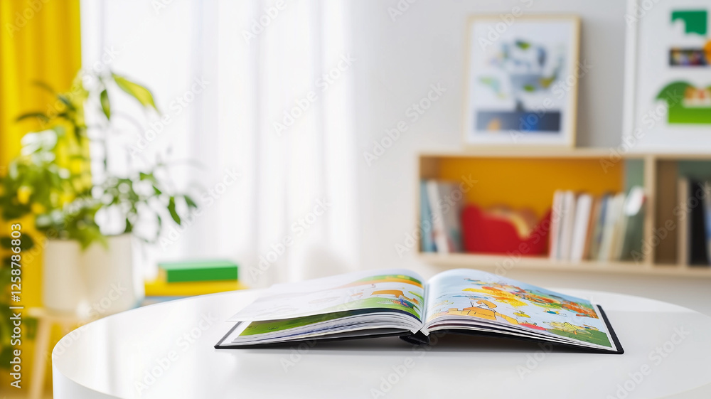 Open picture book on white table in bright, cozy living room interior Open picture book on white table in bright, cozy living room interior