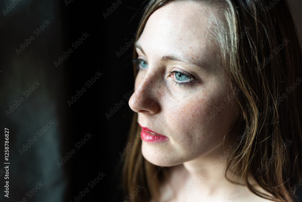Intimate portrait of a 30 yo woman with freckles at home, Brussels, Belgium Intimate portrait of a 30 yo woman with freckles at home, Brussels, Belgium