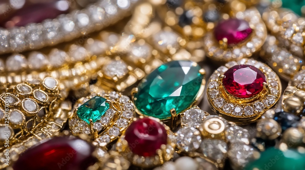 A Close-Up of Luxurious Emerald and Ruby Jewelry Collection: Sparkling Gemstones and Golden Settings A Close-Up of Luxurious Emerald and Ruby Jewelry Collection: Sparkling Gemstones and Golden Settings