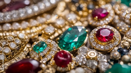 A Close-Up of Luxurious Emerald and Ruby Jewelry Collection: Sparkling Gemstones and Golden Settings