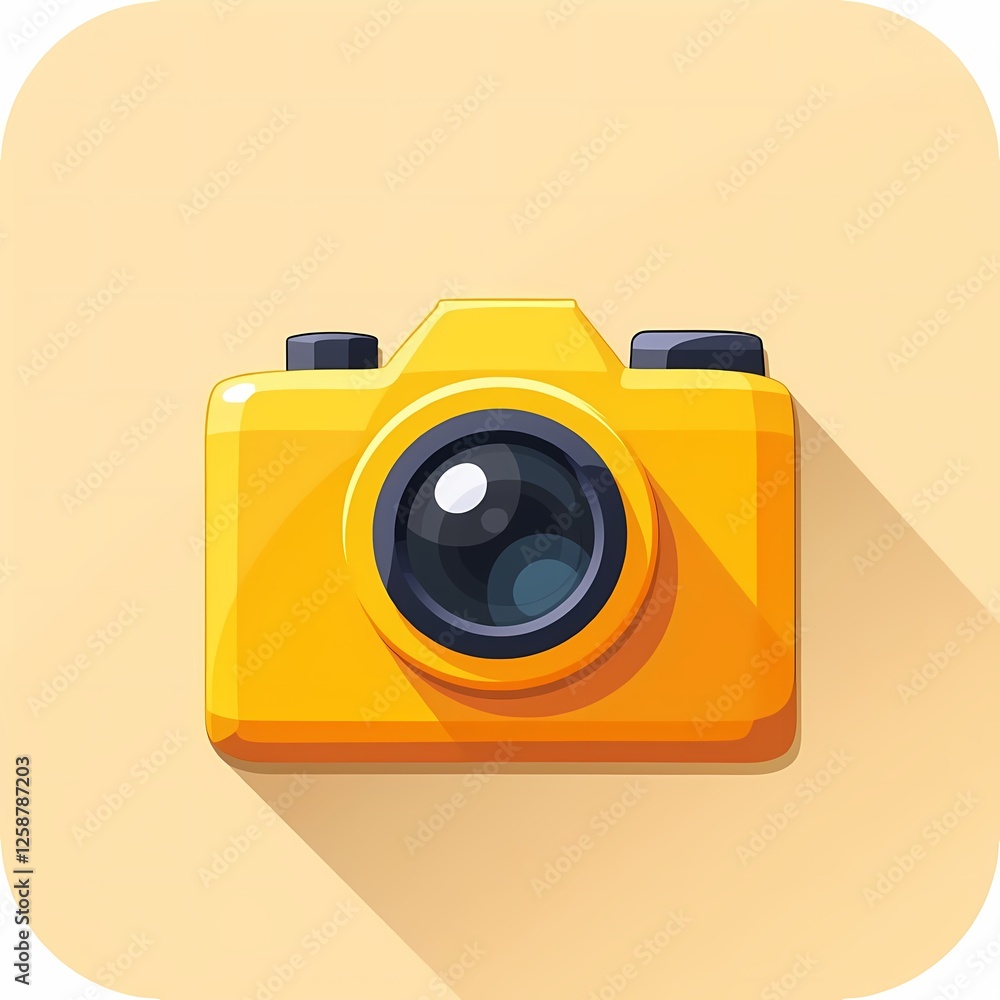 An detailed image of a yellow camera with a glossy coating. The background is a sand beige color, adding depth and contrast. An detailed image of a yellow camera with a glossy coating. The background is a sand beige color, adding depth and contrast.