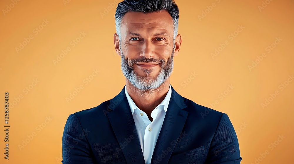 Confident businessman in a suit smiling against a warm orange background, exuding professionalism Confident businessman in a suit smiling against a warm orange background, exuding professionalism