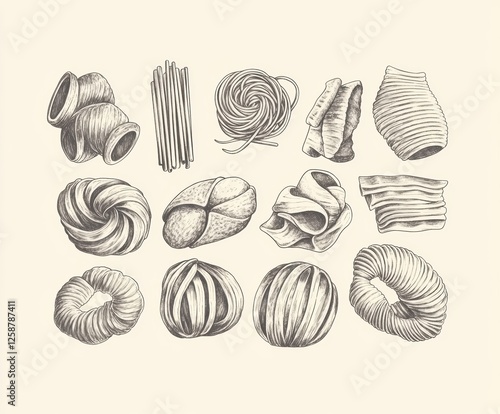 Hand-drawn vintage-style illustration of various pasta shapes on a beige background.