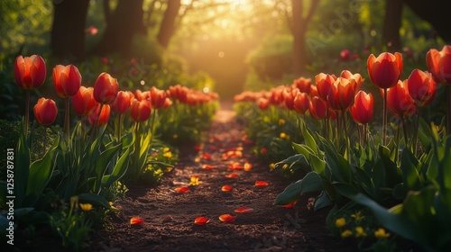 Serene garden path lined with vibrant orange tulips at sunset in a peaceful park