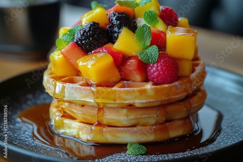 Fresh fruit topped waffles served with syrup in a cozy cafe during brunch