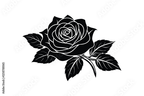 Vector Illustration of black silhouette of rose with rosebud and leaves on a white background.