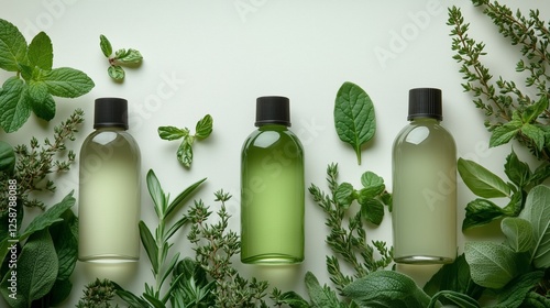 Natural herbal oils displayed with fresh leaves on a light background for wel...