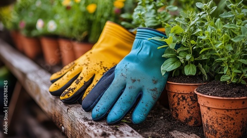 Gardening gloves resting on a wooden table next to potted plants filled with ...