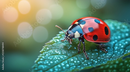 Colorful ladybug resting on a green leaf in a vibrant garden during daylight