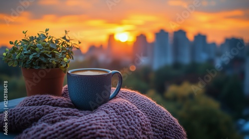 Warm cup of coffee beside a plant at sunset over the city skyline