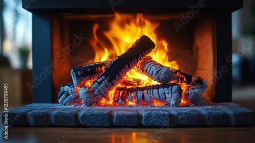 Warm flames dance in a cozy fireplace creating a relaxing atmosphere in the l...