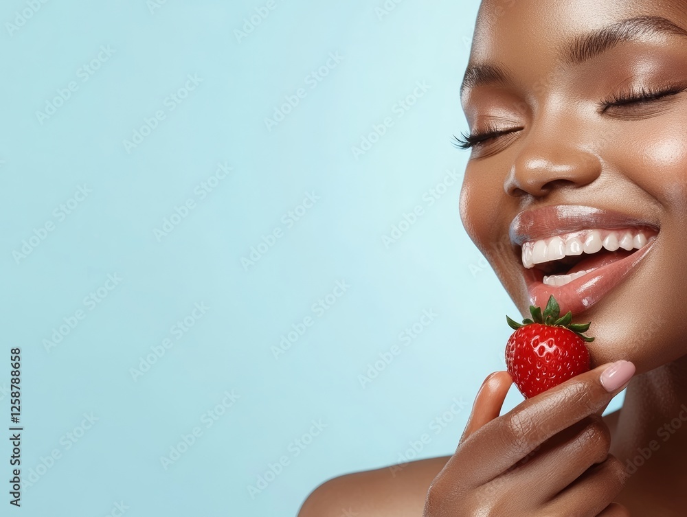 profile portrait of a stunning african american woman eating a fresh sweet juicy strawberry. Spring healthy food concept profile portrait of a stunning african american woman eating a fresh sweet juicy strawberry. Spring healthy food concept