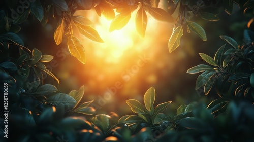 Glowing sunlight filtering through lush green leaves in a serene natural sett...