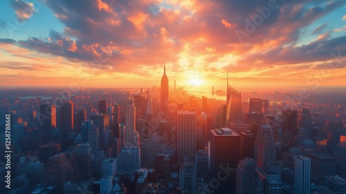 Sunset over New York City skyline with clouds and reflections in the evening sky