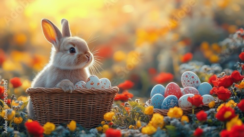 Spring celebration with a bunny and colorful eggs in a vibrant flower field