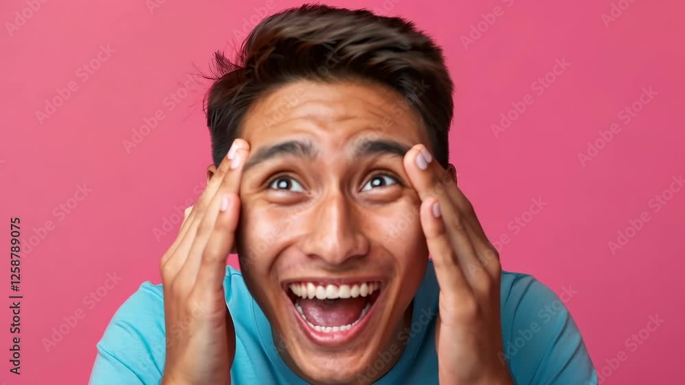 Joyful young man expressing amazement and excitement with hands on face against a vibrant pink background Joyful young man expressing amazement and excitement with hands on face against a vibrant pink background