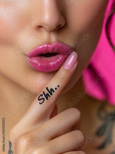 a woman with pink lipstick has a finger with the letters 