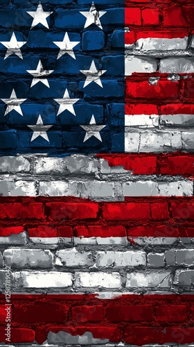 Textured American flag mural on brick wall showcasing red white and blue colors