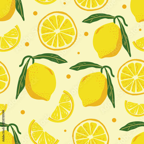 Seamless pattern of fresh lemons with leaves on a light yellow background