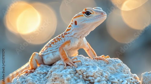 Colorful lizard perched on a rock against a blurred background of natural light