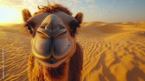 Camel standing in golden desert sands during sunset with vibrant sky colors