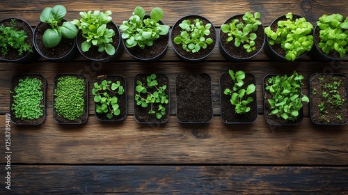 Fresh herbs and leafy greens growing in small pots on wooden surface in brigh...