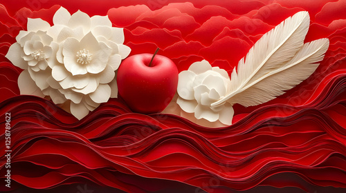 Paper art; red and white flowers, apple, feather;  abstract background photo