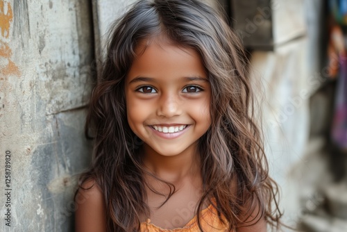 Young girl with beautiful smile poses in urban setting during bright daylight