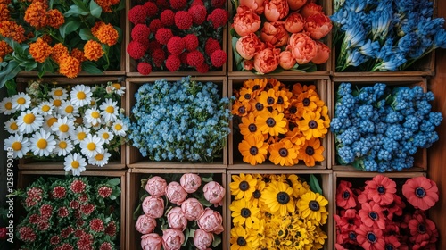 Colorful flower display in boxes arranged neatly for sale