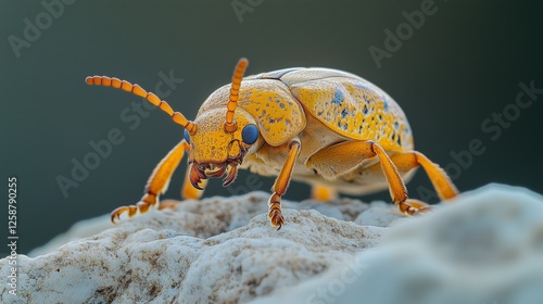 Colorful beetle crawling on a rock in natural habitat during daylight hours